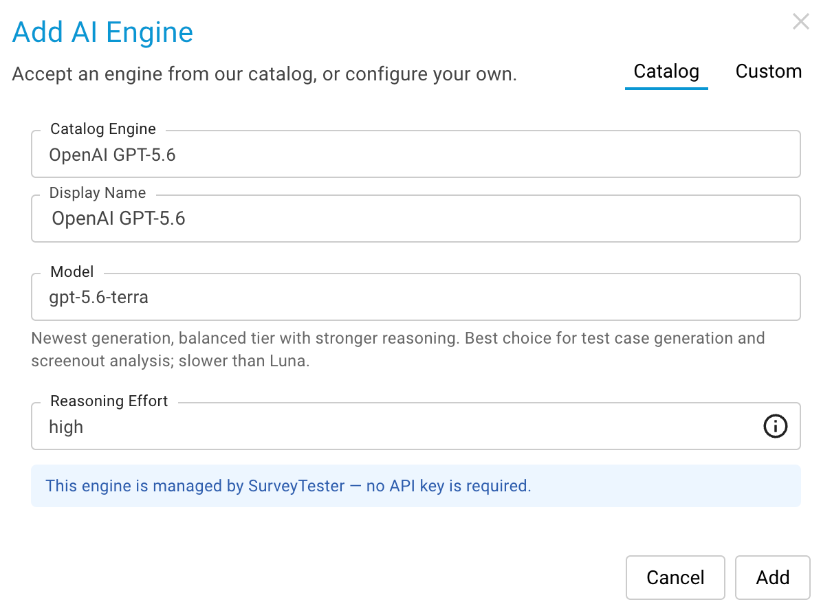 The reasoning effort of an engine Placeholder: screenshot of the AI engine dialog with the model list, the Reasoning Effort selector and the model description
