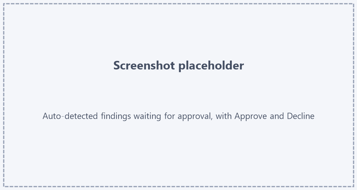 Findings waiting for review Placeholder: screenshot of the auto-detected findings list with Accept and Create Issue and Decline Finding buttons