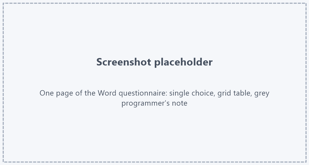 A page of the Word questionnaire with a programmer's note Placeholder: screenshot of one page of the Word questionnaire: the page heading, a single choice question with circle options, a grid table and a grey programmer's note box below a question