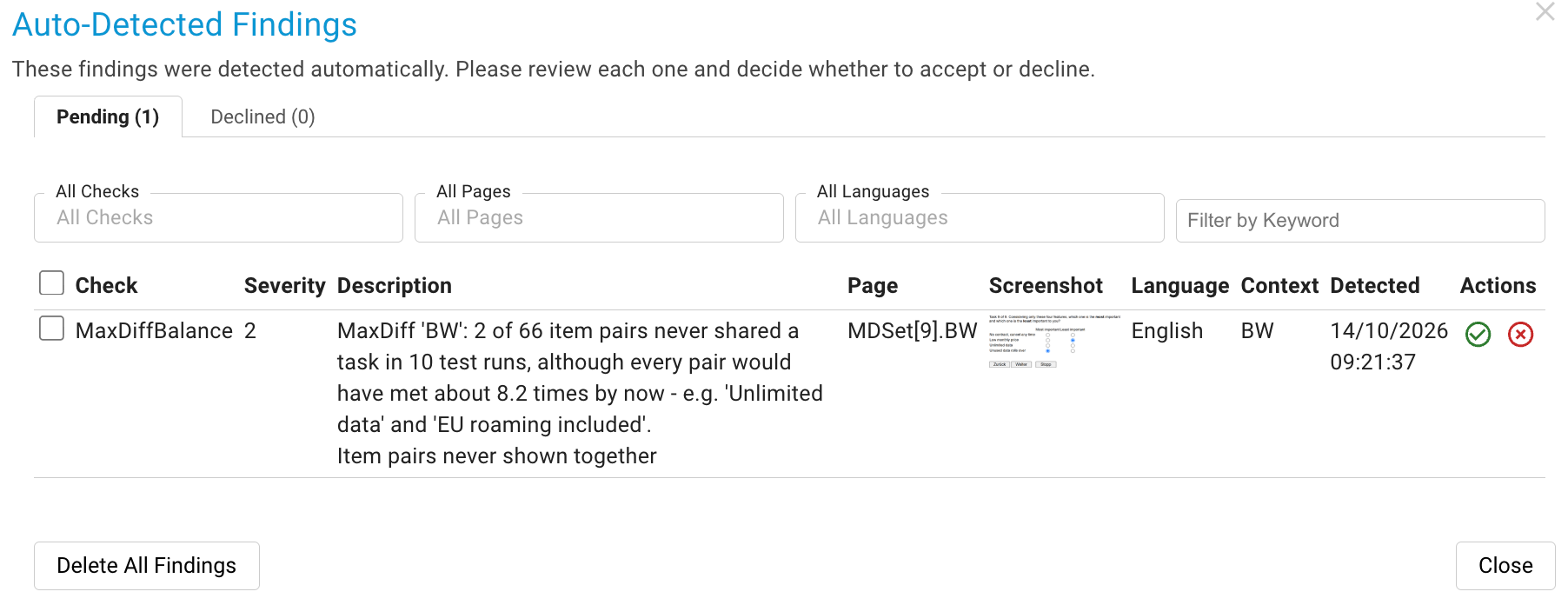 Placeholder: screenshot of an AutoDetect finding "Rows not rotated" for the MaxDiff question in the findings list