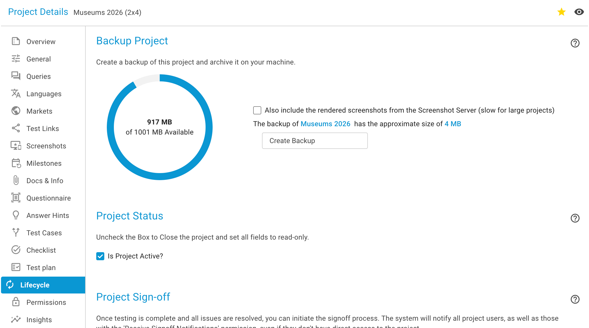 Placeholder: screenshot of the Lifecycle page, section Backup Project, with the size estimate, the backup space, the screenshot checkbox, the Create Backup button and the progress bar of a running backup